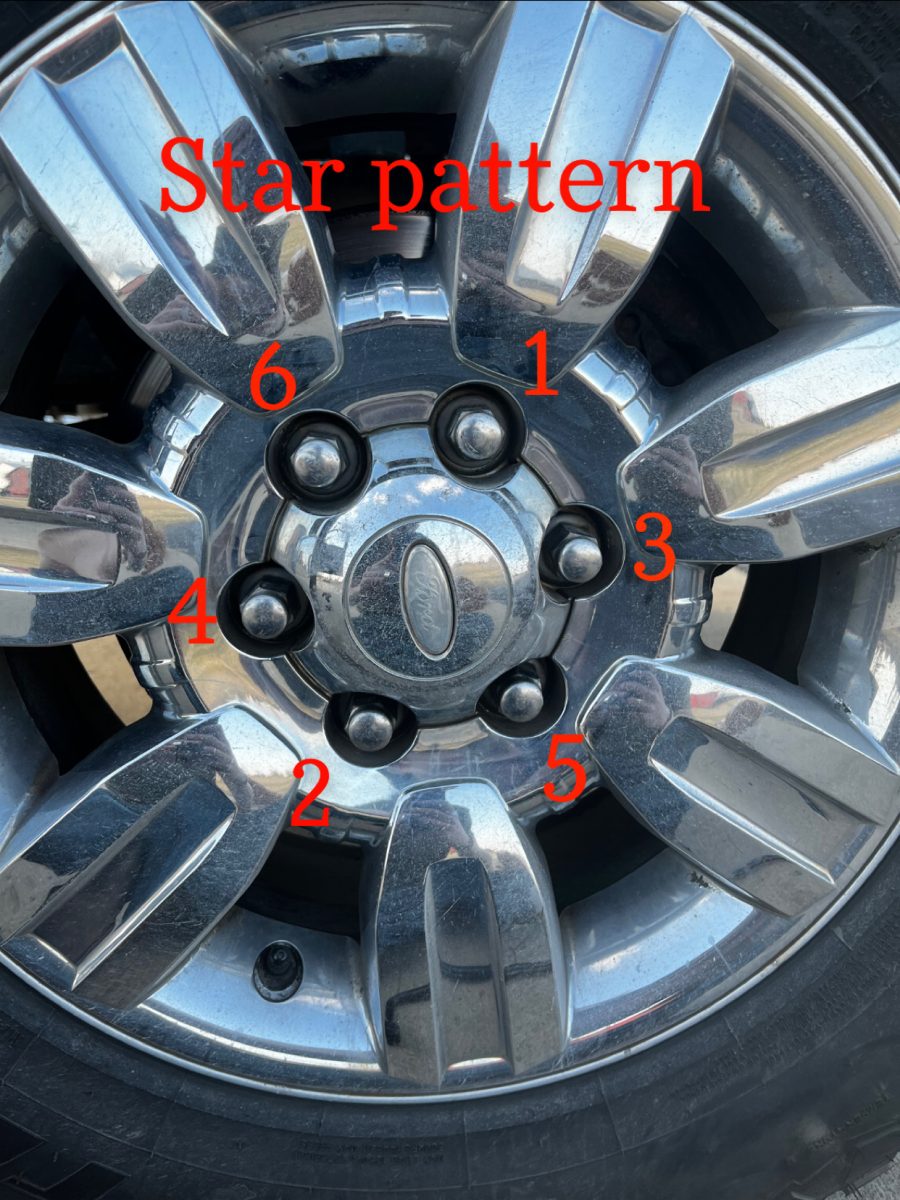Before letting the vehicle back down, using your fingers, twist the lug nuts on until tight. Then, set the vehicle down and tighten the lug nuts in a star pattern using the tire iron. Finally, clean everything up and get off the side of the road. 