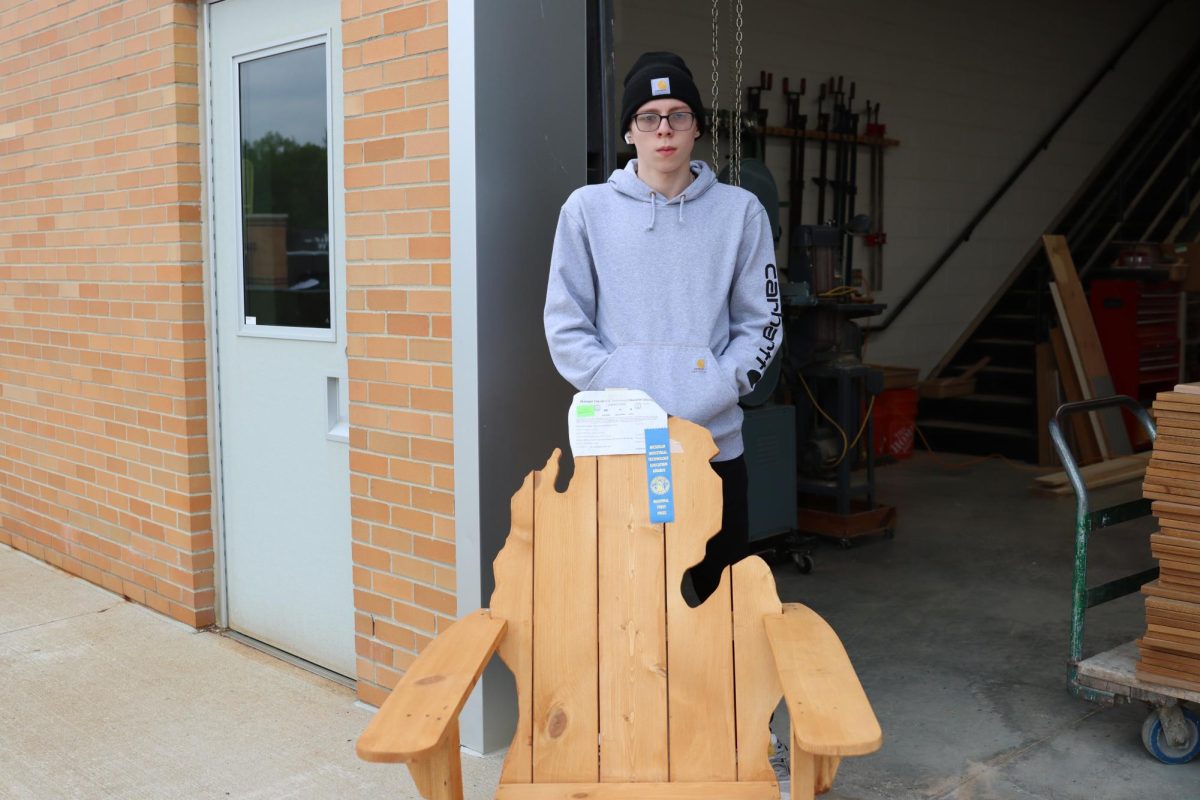 Senior Jacob Maxwell created an interesting wooden chair in the shape of the state of Michigan. When talking about the process, Maxwell described it as very tedious. The cutting of the boards combined with sanding and the finish was about a 5 day process. The most difficult part according to Maxwell, was the cutting, which took 3 days in itself. These days of work all paid off, though, as he took 1st place in the regional competition. 