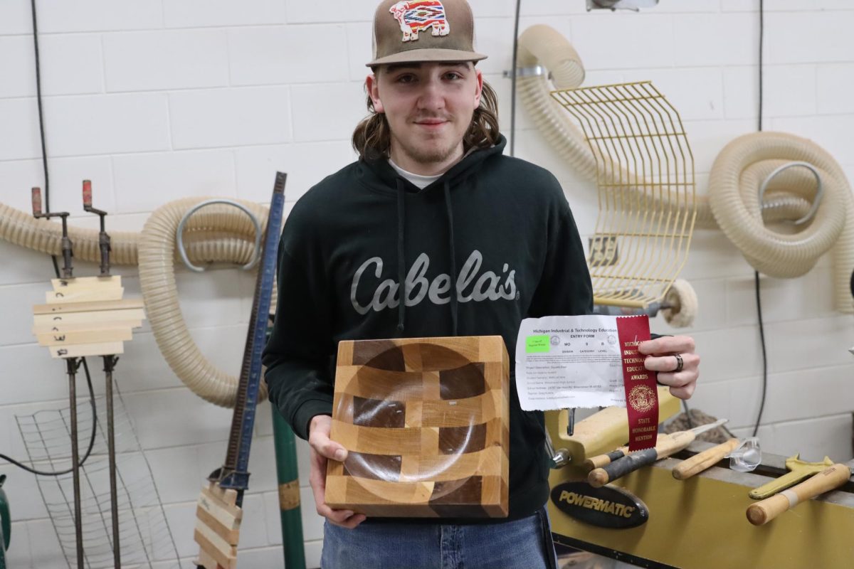 Senior Matthew LeClaire-Baumia’s creation is a square-shaped bowl. Le-Claire achieved this by putting together some boards and hollowing out the middle, which was also the most difficult part for him. LeClaire wouldn’t settle for anything less than perfection for the hollow part of the bowl, so he spent about 3 days trying to get it right. The bowl earned an honorable mention at the state competition. 
