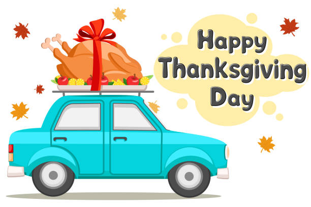 Thanksgiving Day. Car driving roast turkey on white background