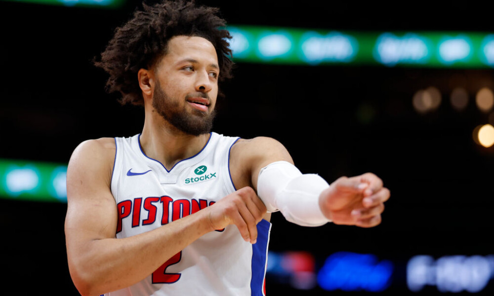 ATLANTA, GEORGIA - FEBRUARY 23: Cade Cunningham #2 of the Detroit Pistons reacts during the third quarter against the Atlanta Hawks at State Farm Arena on February 23, 2025 in Atlanta, Georgia. NOTE TO USER: User expressly acknowledges and agrees that, by downloading and or using this photograph, User is consenting to the terms and conditions of the Getty Images License Agreement. (Photo by Todd Kirkland/Getty Images)